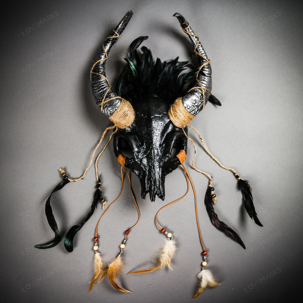 Antelope Devil Silver Horns Animal Skull Ghost Masquerade Mask - Black
